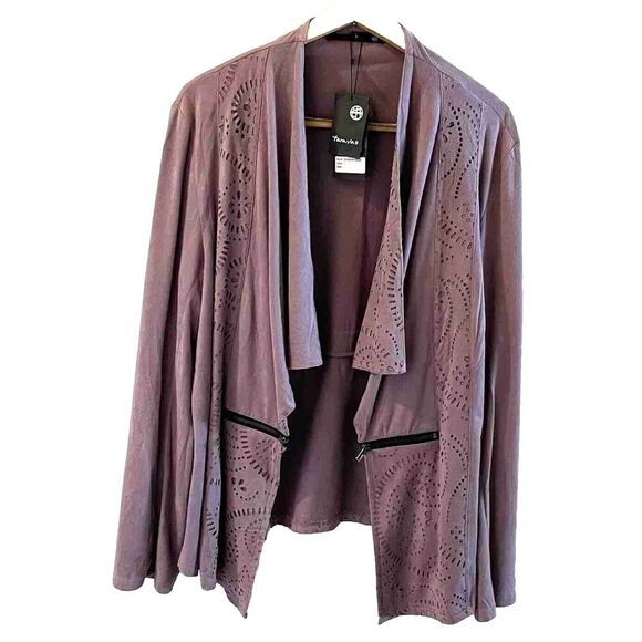 Tara Vao MicroSuede Moto Jacket L Purple Mauve Laser Cut Samaya NWT Lilac Unique - Picture 1 of 9